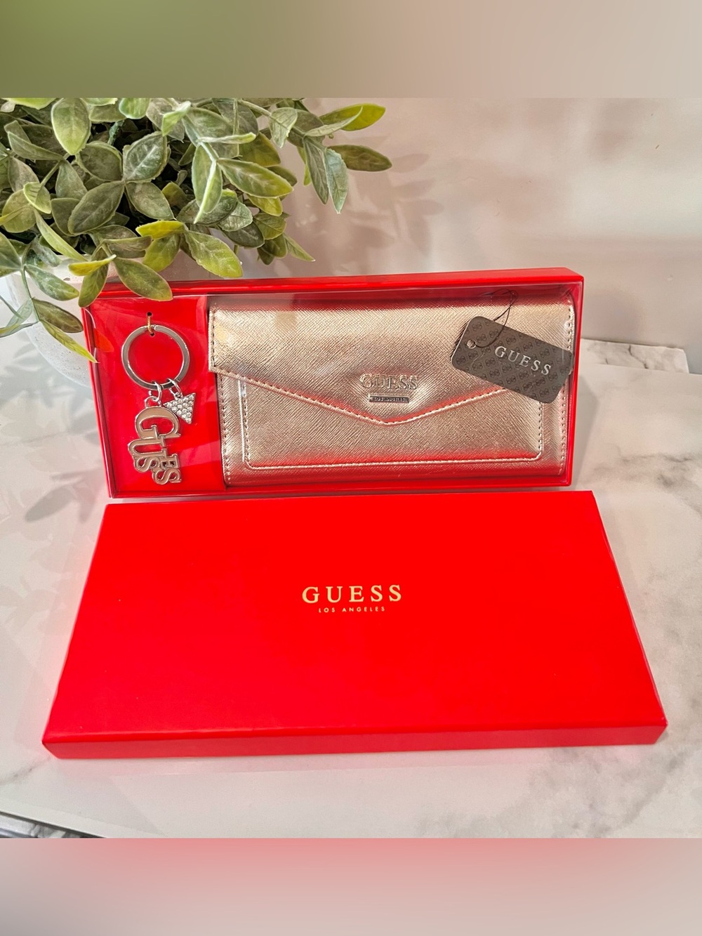 GUESS metallic Gold Envelope Wallet gift set with Matching Keychain